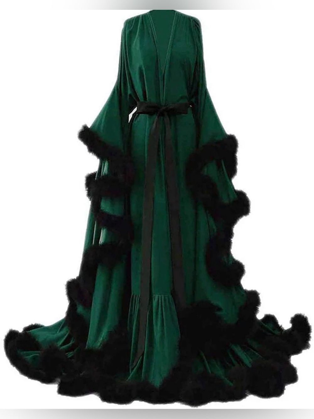 Silk-Feel Teal Satin Robe with Black Feather Trim - Picture 2 of 3